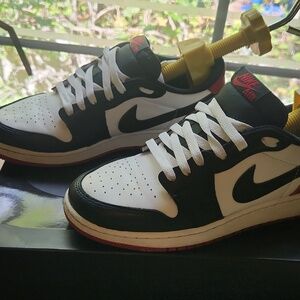 Jordan 1 low Top Black and White Athletic Shoes with Red Highlights Box Included
